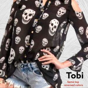 Tobi sheer white button up long sleeved cold shoulder black skull design!